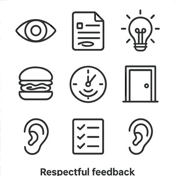 Respectful Feedback Icons. Outline style icon of Respectful Feedback: observation eye, specific example note, impact ripple,