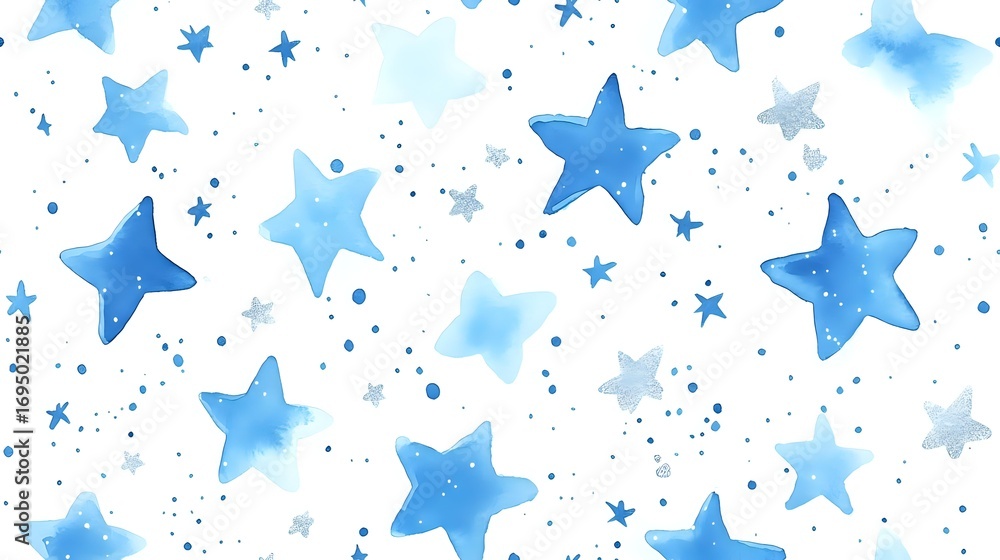 Poster watercolor blue stars scattered on white background with tiny dots and splashes creating magical cel