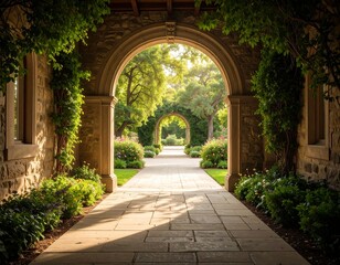 Stone arches, garden path, sunlight