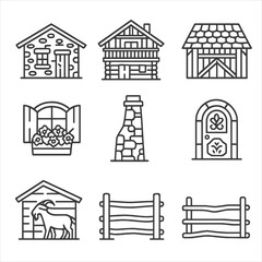 Rustic Mountain Icons. Outline style icon of Rustic Mountain Architecture: stone refuge hut, log chalet, shingle roof barn, wooden