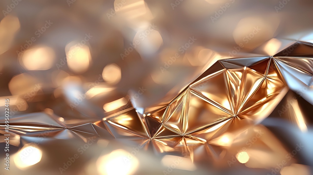 Poster metallic copper geometric surface with triangular facets and bokeh light effects in background creat