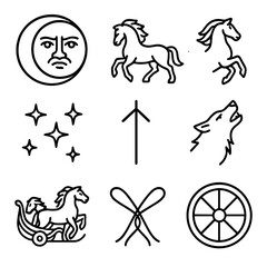 Norse Moon Chariot Icon. Outline style icon of Norse Moon Chariot: Máni visage, horse Árvakr, horse Alsvinn, time rune, wolf Hati,