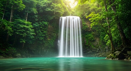 Waterfall cascading into a turquoise pool surrounded by lush green forest and bright sunlight above