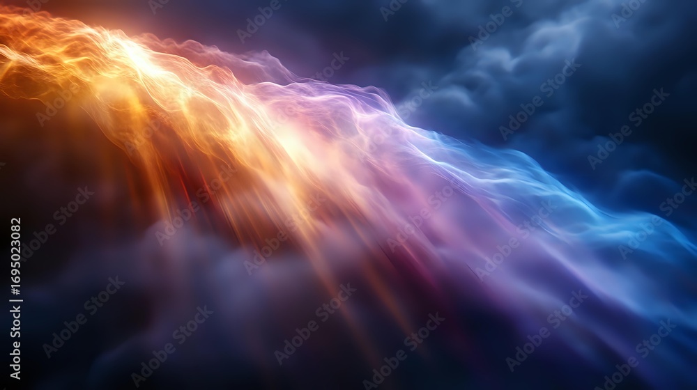 Poster dramatic abstract background with glowing orange and blue light waves flowing through dark stormy cl