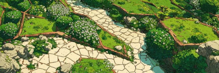 Fototapeta premium High-angle view of a whimsical garden path. Meandering stone pathways wind through lush green grass, interspersed with flowering bushes and small rocks.