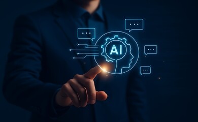 Businessman Touching AI Hologram with Human Head and Futuristic Digital Technology.