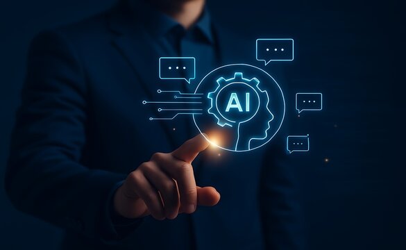 Businessman Touching AI Hologram with Human Head and Futuristic Digital Technology. - Powered by Adobe