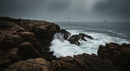 Rocky shoreline with crashing waves and birds flying under a cloudy sky on a moody day at the coast