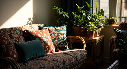 Cozy living room interior with sofa, pillows, plants, and sunlight creating a warm atmosphere