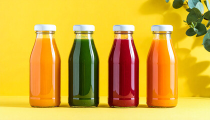 Row of Colorful Juice Bottles on Yellow Backdrop