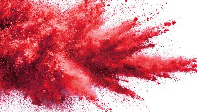 Red powder explosion against a white background.  A vibrant burst of scarlet colored powder.  Particles radiate outward in a dynamic, chaotic display