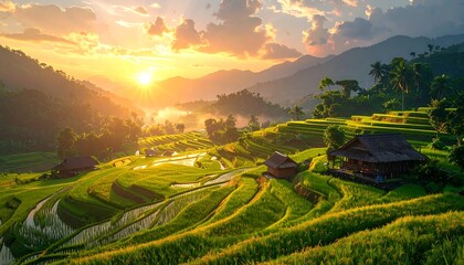 Fototapeta premium A breathtaking vista of terraced rice paddies at sunrise, showcasing traditional farmhouses nestled amongst lush greenery and rolling hills.