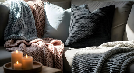 Cozy Living Room Scene Featuring Knitted Blankets, Pillows and Lit Candles Decorations