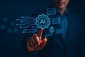 Businessman Touching AI Hologram with Human Head and Futuristic Digital Technology.