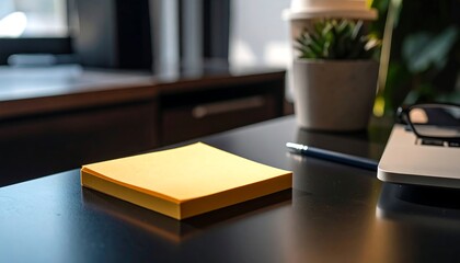 Empty yellow sticky note on a dark office desk