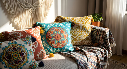 Cozy Living Room Scene Featuring Decorative Pillows With Vibrant Colors and Textile Details