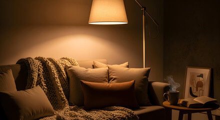 Cozy Living Room Scene Featuring Lamp Light, Pillows, and Warm Ambiance