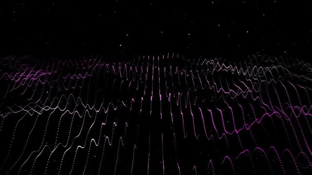 Abstract black and white background with a digital light explosion of binary code and data lines, wave background animation 