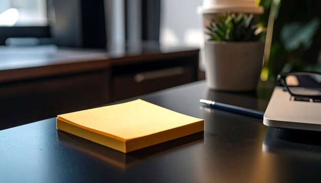 Empty yellow sticky note on a dark office desk
