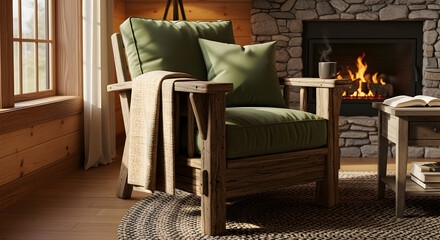 Cozy Living Room Scene Featuring Wooden Chair, Fireplace, And Relaxing Ambiance