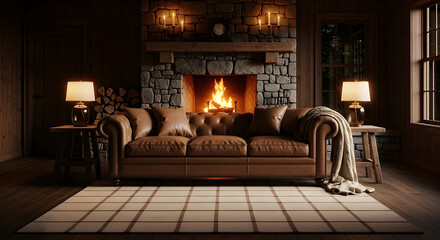 Cozy Living Room Scene Illuminated By Fireplace And Warm Lighting Creating Ambiance