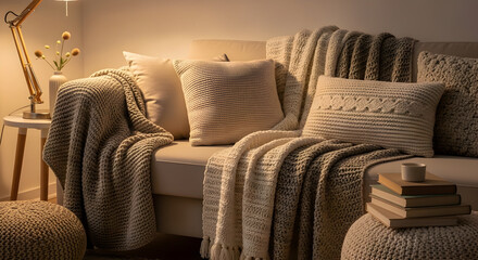 Cozy Living Room Scene Showcasing Knitted Blankets, Cushions, And Decorative Elements