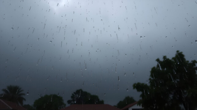 Moody rainy day with dark clouds and falling raindrops outdoors
