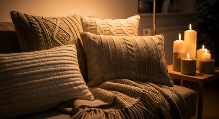 Cozy living room scene with textured pillows, candles, and a warm, inviting atmosphere