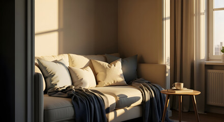 Cozy living room scene with sunlight, couch, and pillows, perfect for relaxation