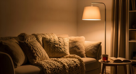 Cozy Living Room Scene, Soft Lighting, Comfortable Couch, Reading, Warm Atmosphere