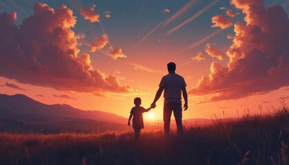 Fototapeta premium Father, child silhouettes hold hands against vibrant desert sunset sky. Warm hues of orange, pink clouds illuminate serene landscape. Scene evokes togetherness, happiness, parental bonding during