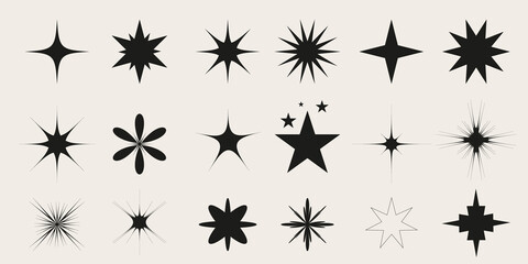 Silhouette star shapes and burst symbols set isolated on light background.