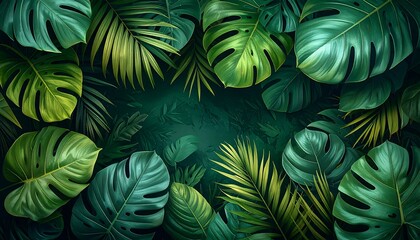A lush and vibrant arrangement of tropical leaves in deep greens and shades of emerald, creating a rich and exotic visual display.