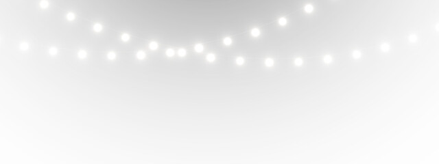 Festive PNG light with golden garland ribbon. Glowing LED string lamps for holiday cards, party backgrounds, winter celebrations, and New Year banners. Vector design.