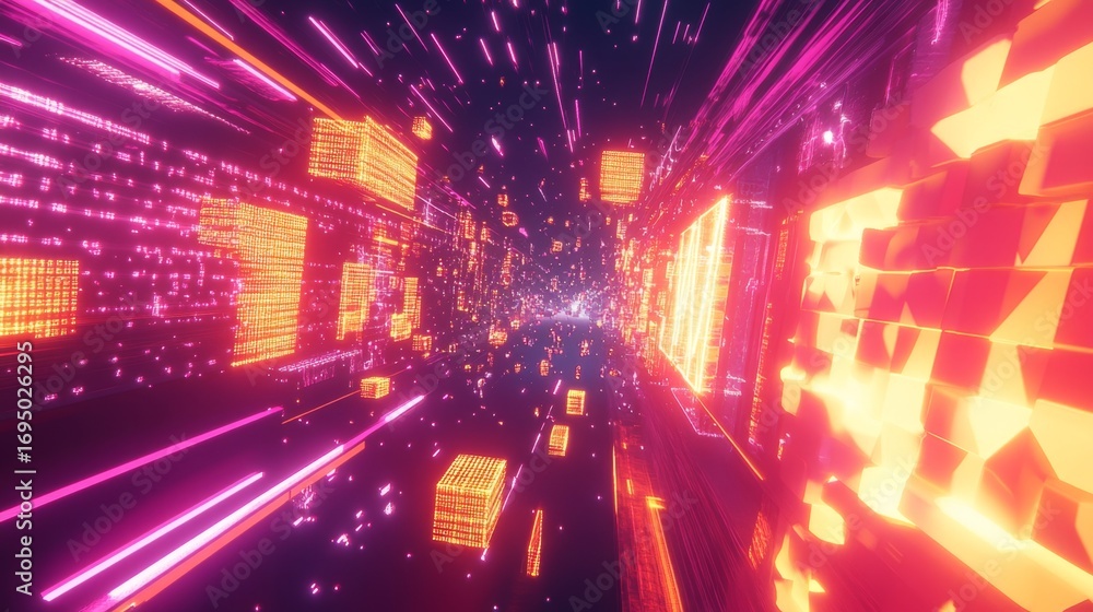 Poster exploring the digital frontier high-tech cyberspace virtual realm data visualization glowing binary 