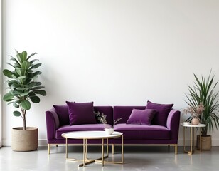 Fototapeta premium Minimalist living room features plush purple velvet sofa with elegant gold legs. Matching coffee table with marble top sits centrally, adorned with simple decor. Rich green plants in woven baskets