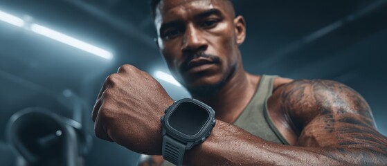 Man in Gym Wearing Fitness Tracker Watch Displays Health Monitoring Features in Modern Setting