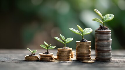 Stacked Gold Coins with Emerging Greenery A Unique Perspective on Prosperity and Renewal, Ideal for Inspiring Content Creation.