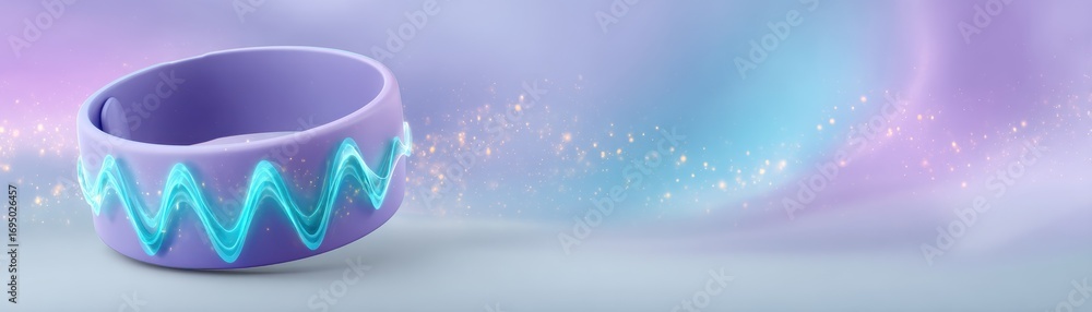 Poster futuristic wearable health monitoring device with glowing elements on a soft gradient background