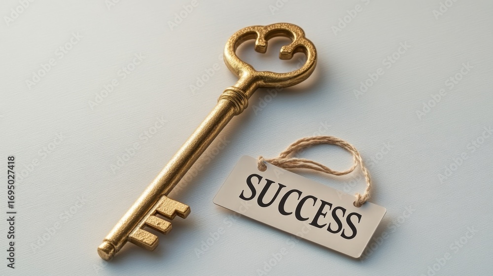 Poster unlocking potential a highly detailed golden key and a success tag in a minimalistic environment