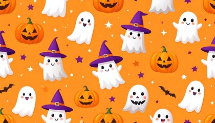 A cheerful, cartoon-style Halloween-themed pattern with smiling ghosts wearing witch hats and jack-o'-lanterns on an orange backdrop, with stars and bats scattered throughout