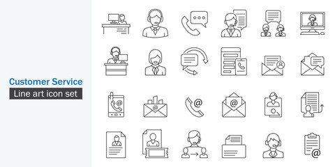 Customer service icon set. Consulting, service, communication, headphone, desk, computer, talk symbol line art design