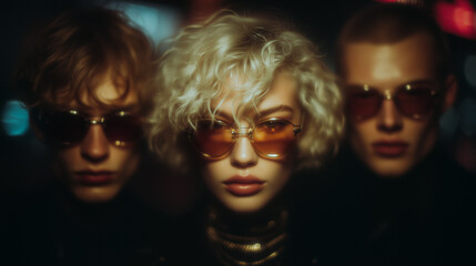  three stylish individuals in dramatic lighting, wearing sunglasses and fashion-forward outfits