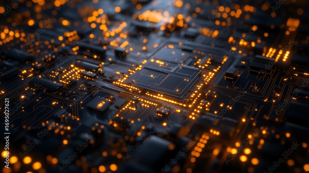 Poster exploring semiconductor nanotechnology detailed image of nano circuits laboratory environment digita