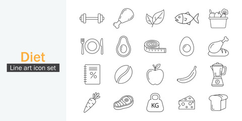 Diet icon set template. Fish, banana, apple, carrot, fruit, health, meat, pizza symbol line art style design