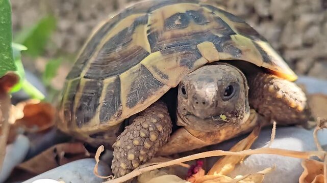 Land Tortoise Resting on Pebbles in Yard, Montenegro