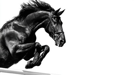 Obraz premium Black Horse Gracefully Jumping Over a Barrier in an Equestrian Exhibition During Early Morning Light