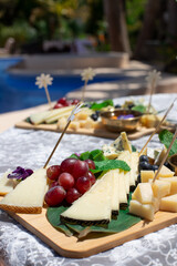 Cheese platter with grapes, mint, and herbs served outdoors on a sunny day, decorated with flowers. Perfect for events and catering.