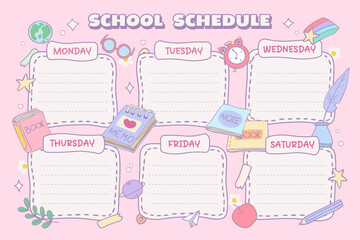 school schedule horizontal blank,  kids, elementary school, timetable, memory, organiser, reminder,  template, cute vector illustration