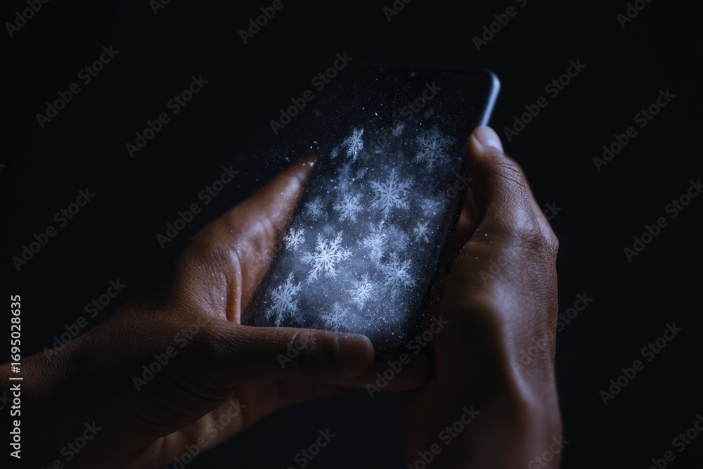 Poster hands holding smartphone displaying intricate snowflake patterns